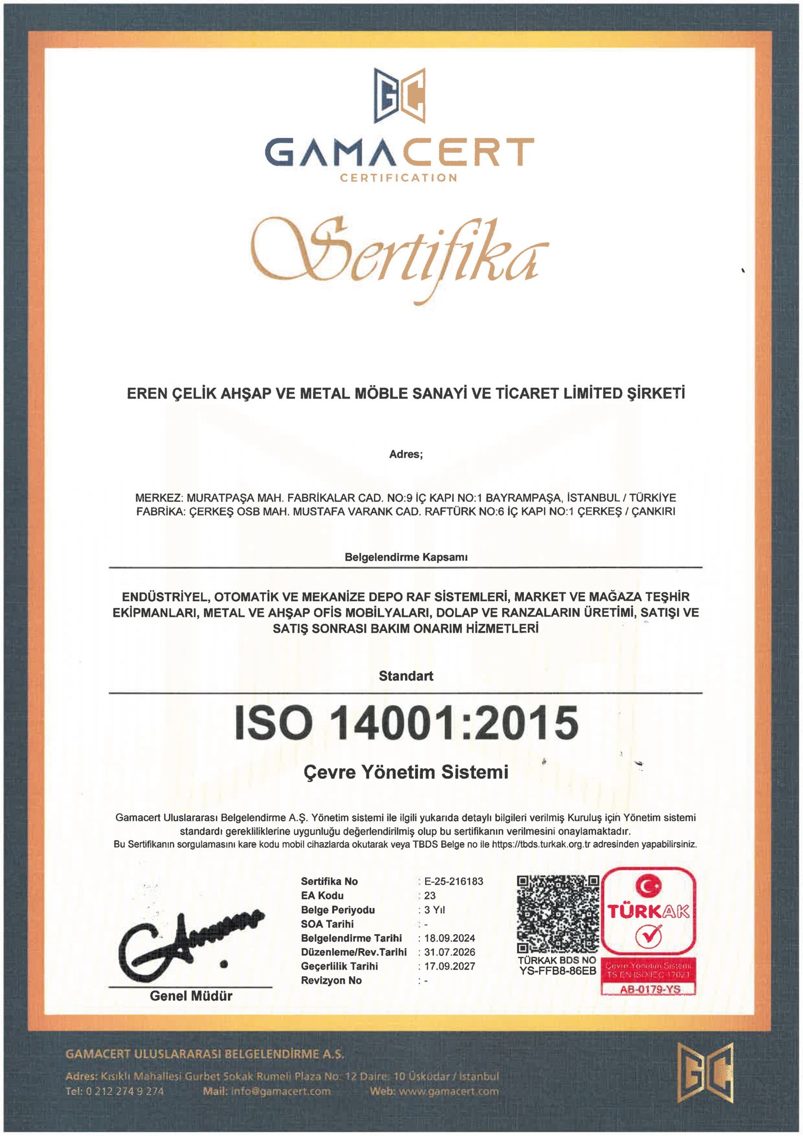 Raftürk ISO 14001 Çevre Yönetim Sistemi Sertifikası