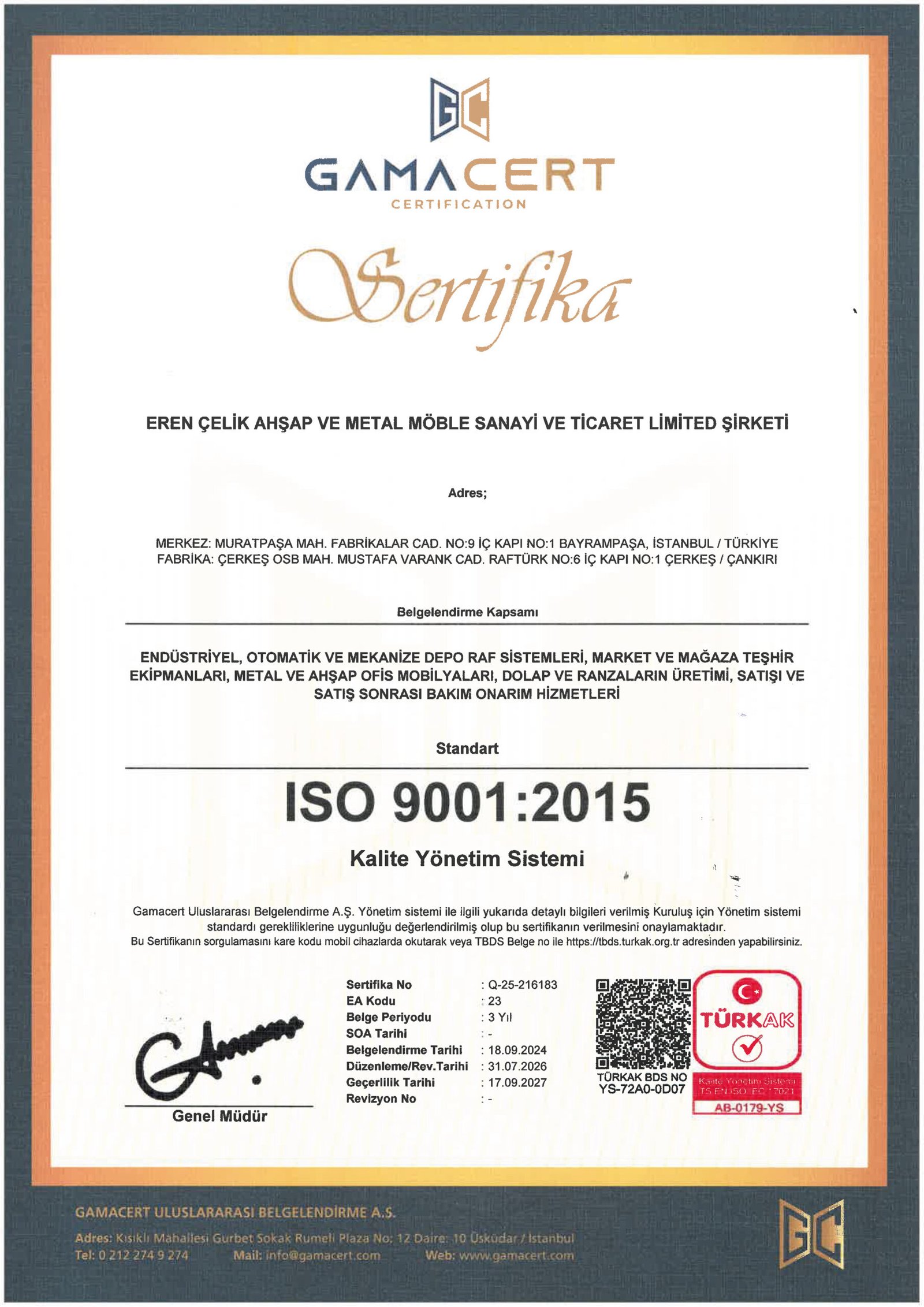 Raftürk ISO 9001 Kalite Yönetim Sistemi Sertifikası